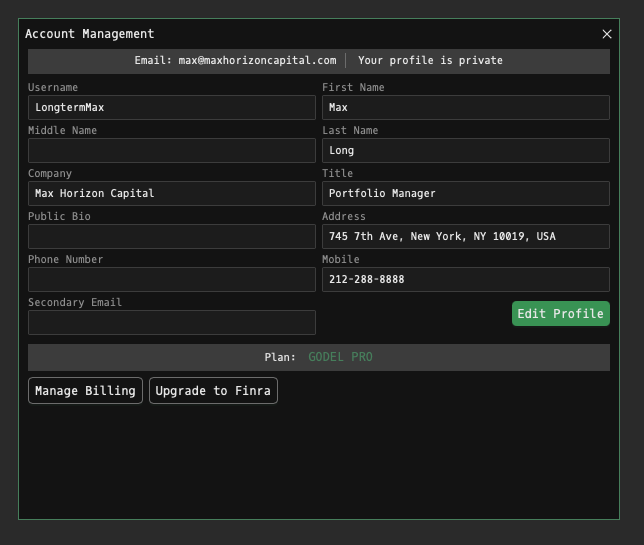 ACM command showing Godel Terminal account management panel with profile settings, saved watchlists, and subscription details