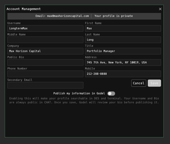 ACM command showing the public profile editor with display name, bio, and avatar fields