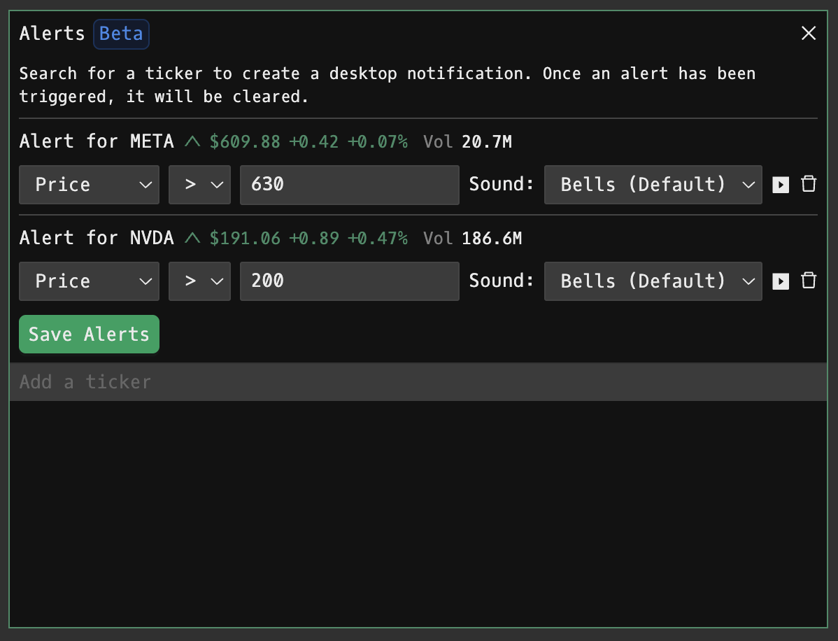 AL command showing active desktop price alerts with ticker, threshold, and trigger conditions