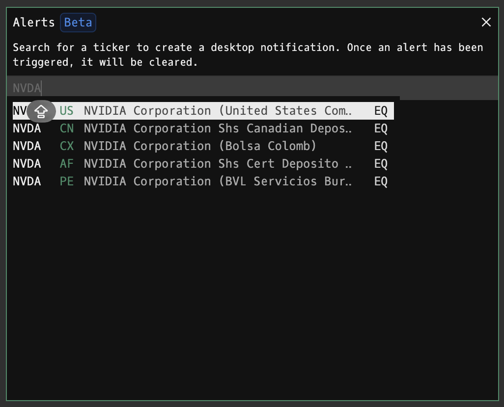 AL command showing the alert creation dialog for setting a new price alert on a security