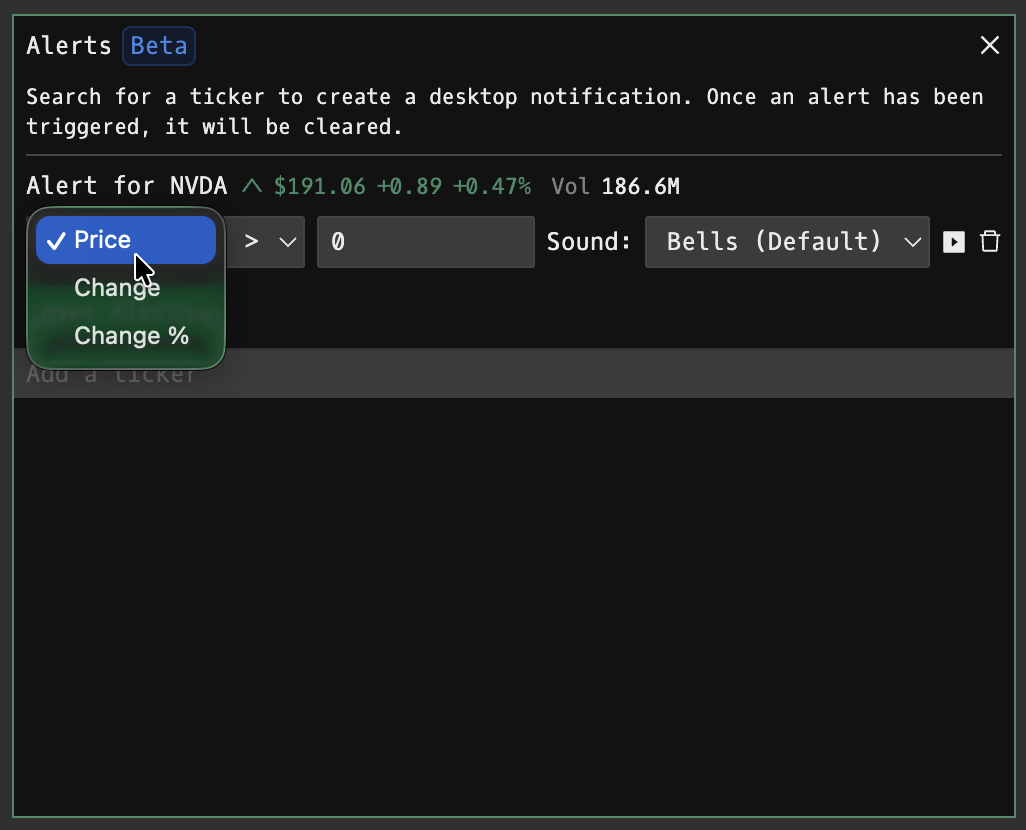 AL command showing the alert creation dialog for setting a new price alert on a security
