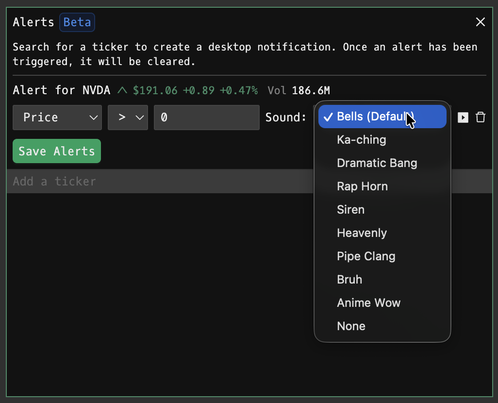AL command showing the alert creation dialog for setting a new price alert on a security
