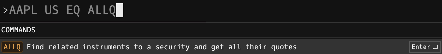 Godel Terminal command bar showing AAPL US EQ ALLQ typed with the COMMANDS autocomplete suggesting 'Find related instruments to a security and get all their quotes'
