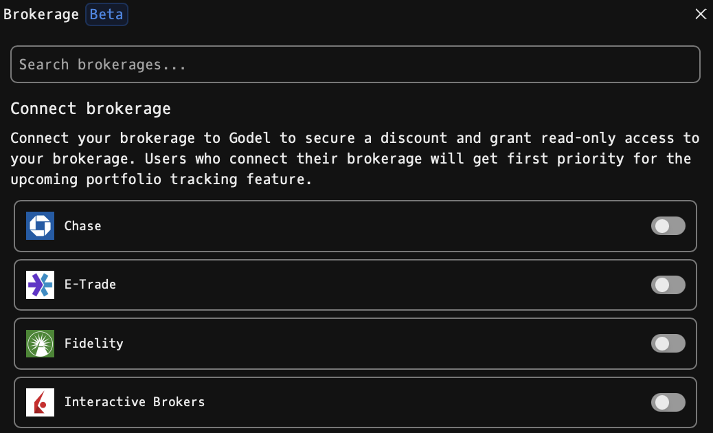 BROK command showing brokerage connection cards for supported brokerages through SnapTrade