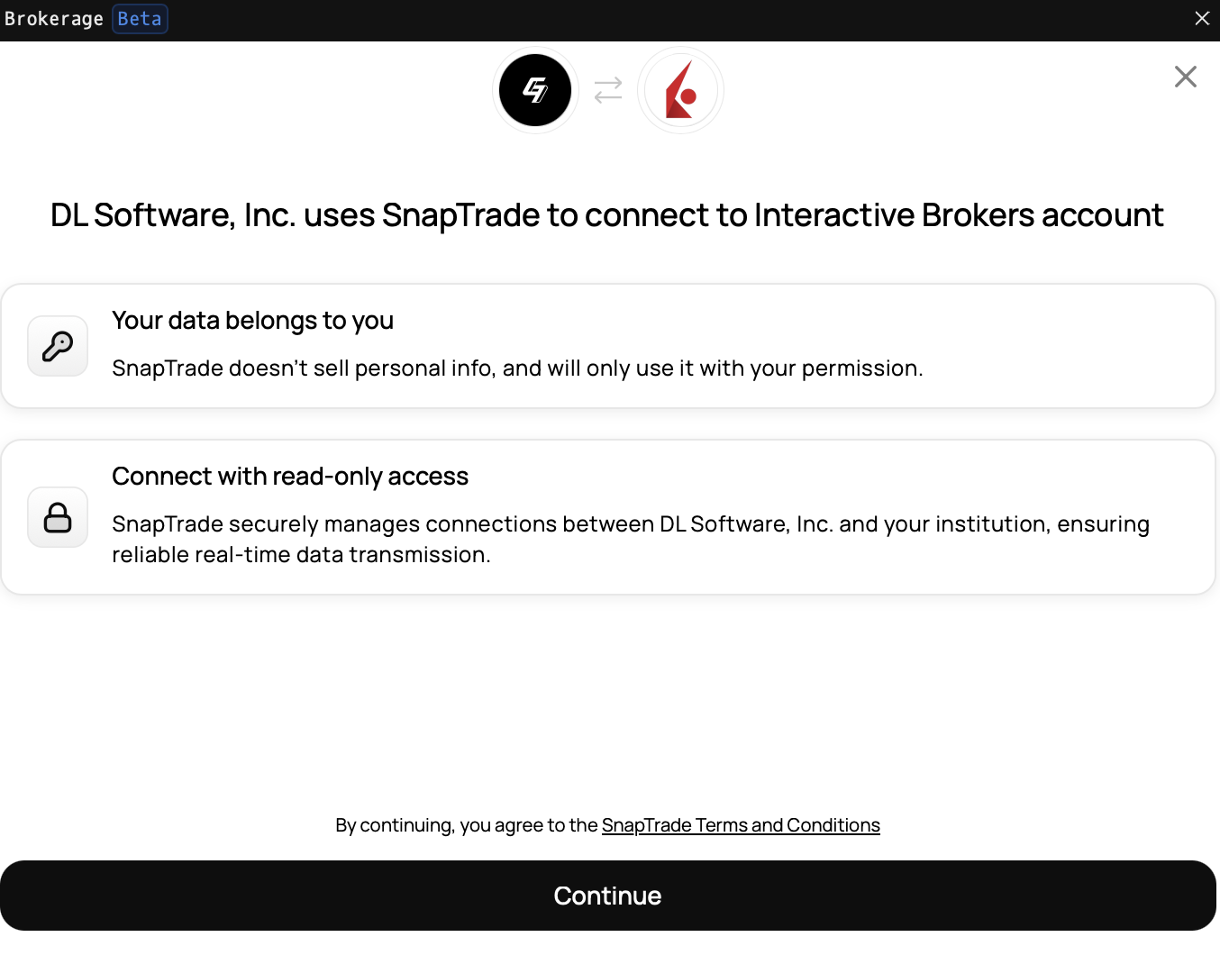 BROK command showing the SnapTrade connection portal open inside the BROK window for the Interactive Brokers authentication step