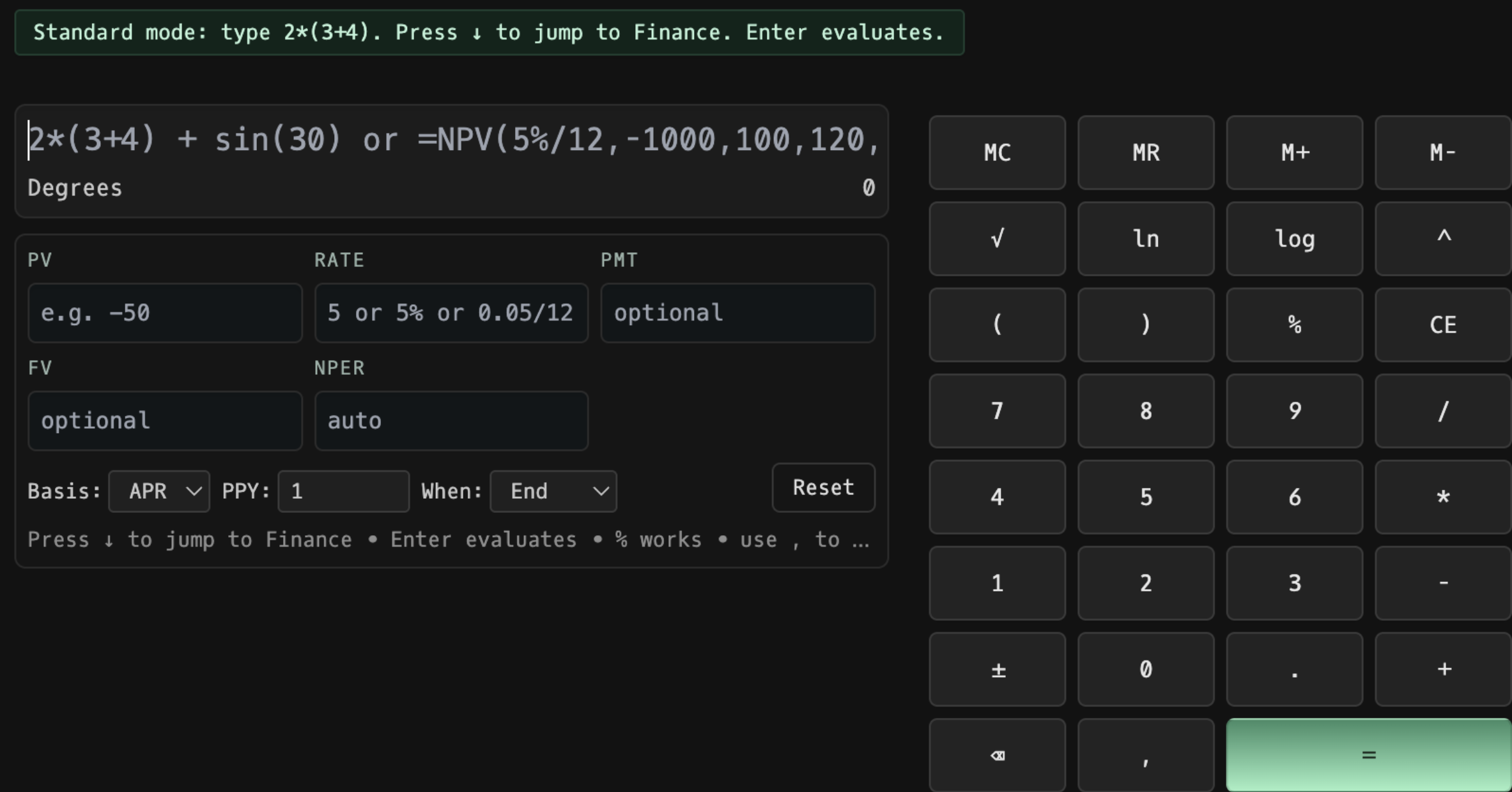 CALC command showing the Godel Terminal financial calculator with yield, present value, and bond math functions