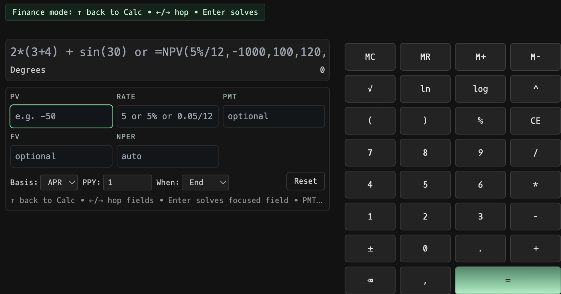 CALC command showing the Godel Terminal financial calculator with yield, present value, and bond math functions