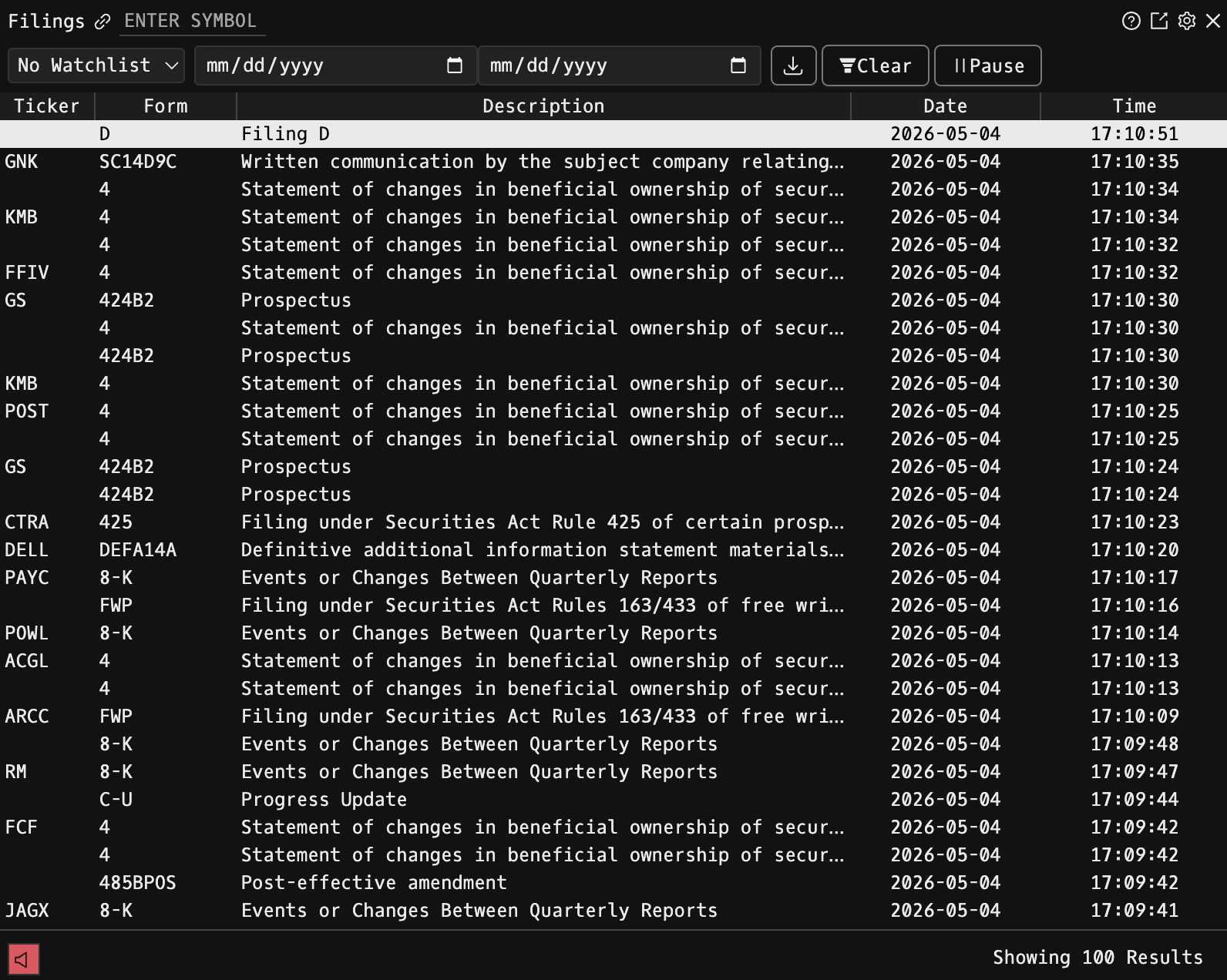 CF command showing SEC filings list with filing type, date, and links to 10-K, 10-Q, and 8-K documents