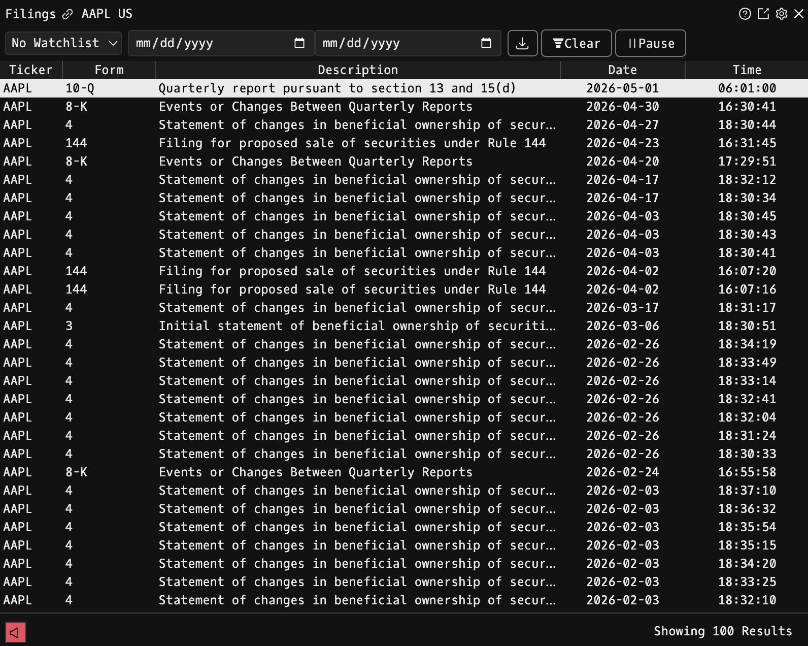 CF command showing an opened SEC filing preview with section navigation