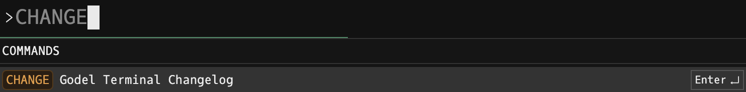 Godel Terminal command bar showing CHANGE typed with the COMMANDS autocomplete suggesting 'Godel Terminal Changelog'