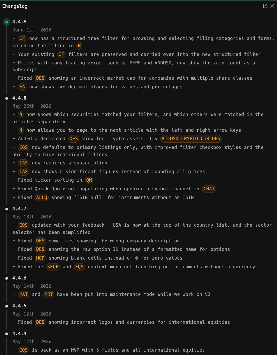 Godel Terminal Changelog showing versioned entries (4.4.9, 4.4.8, 4.4.7) with command pills like CF, N, DES, FA, EQS and a BTCUSD CRYPTO CUR DES expression pill in context