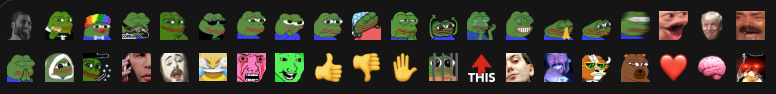 The Chat emote tray open, showing the full set of custom Godel emotes including Pepe variants, reactions, and the THIS upvote emote