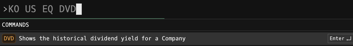 DVD command showing dividend payment history table with declaration, ex-dividend, and payment dates
