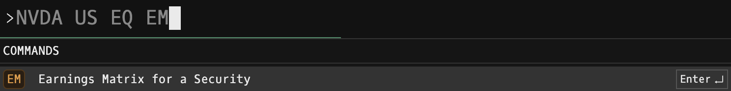 Godel Terminal command bar showing NVDA US EQ EM typed with the COMMANDS autocomplete suggesting 'Earnings Matrix for a Security'