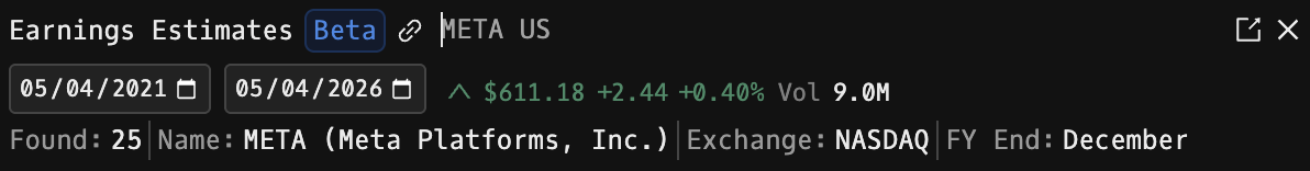 ERN command header bar showing found count, Meta company name, exchange, fiscal year end, date range picker, and QuickQuote price chip