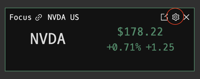 FOCUS command showing the compact single-ticker layout with streaming quote and volume indicator