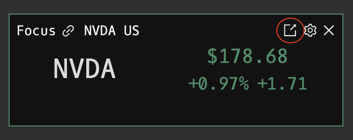 FOCUS command showing the compact single-ticker layout with streaming quote and volume indicator