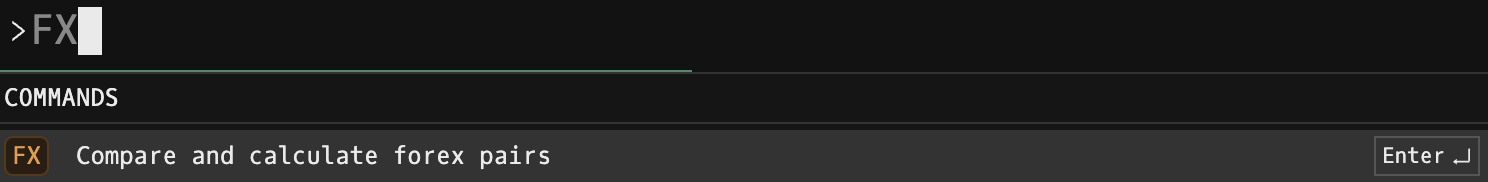 Godel Terminal command bar showing FX typed with the COMMANDS autocomplete suggesting 'Compare and calculate forex pairs'