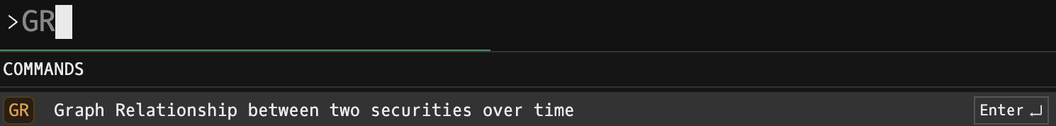 Godel Terminal command bar showing GR typed with the COMMANDS autocomplete suggesting 'Graph Relationship between two securities over time'