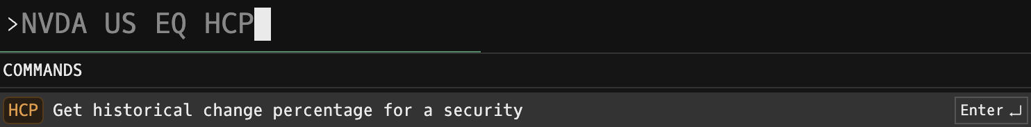 Godel Terminal command bar showing NVDA US EQ HCP typed with the COMMANDS autocomplete suggesting 'Get historical change percentage for a security'