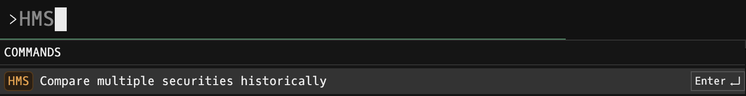 Godel Terminal command bar showing HMS typed with the COMMANDS autocomplete suggesting 'Launches Historical Multiple Security'