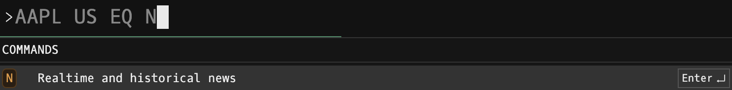 Godel Terminal command bar showing AAPL US EQ N typed with the COMMANDS autocomplete suggesting 'Realtime and historical news'