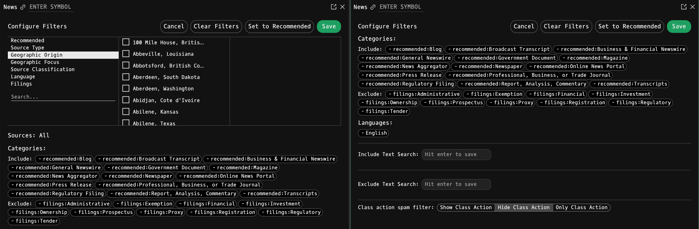 The Configure Filters panel: the category selector (Source Type, Geographic Origin, Language, Filings) with source checkboxes on the left, and the Categories include/exclude tiles, Languages, text search, and class-action spam filter on the right