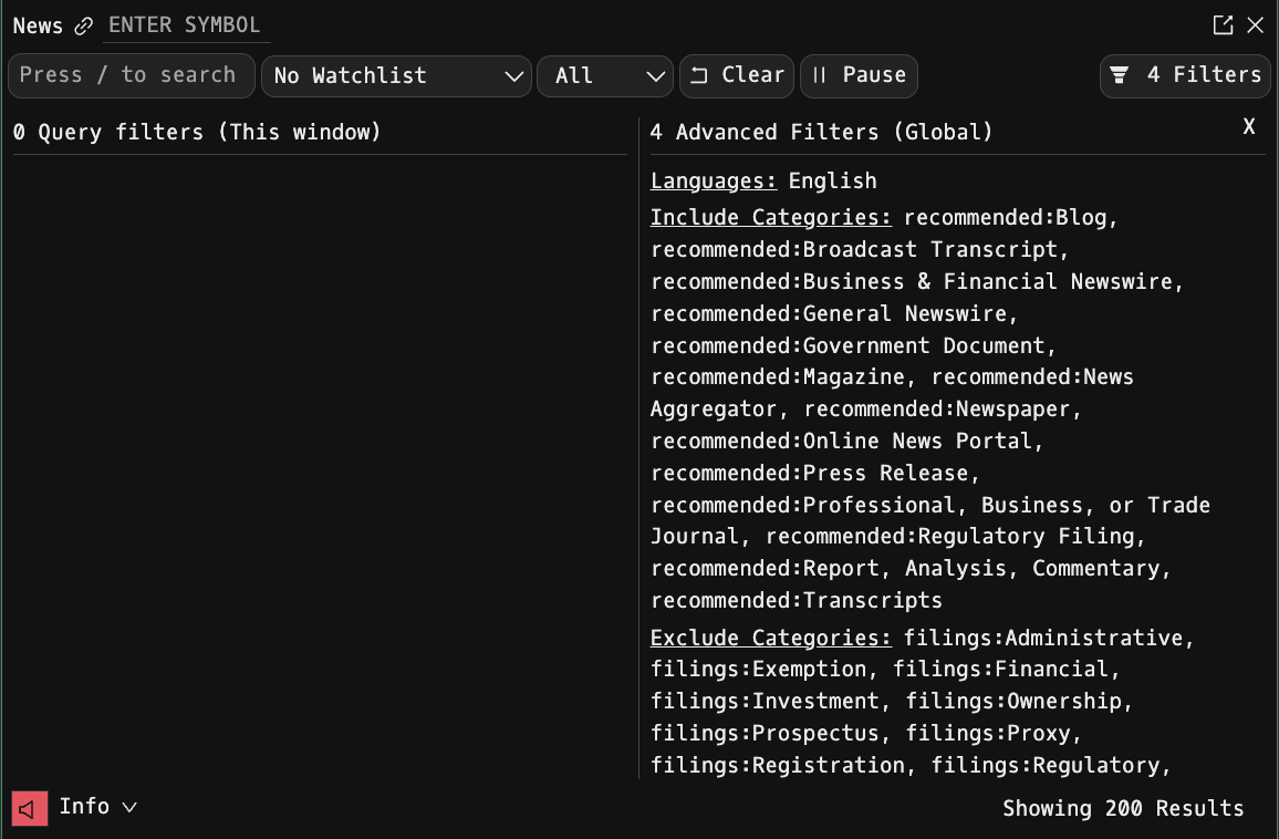 The Info panel expanded: Query filters for this window on the left, and the global Advanced Filters (languages, include categories, exclude categories) on the right