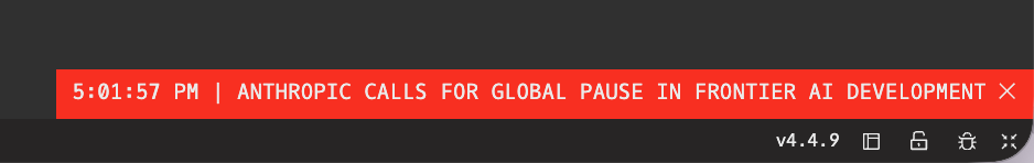 A red breaking-news alert banner in the bottom-right corner reading ANTHROPIC CALLS FOR GLOBAL PAUSE IN FRONTIER AI DEVELOPMENT