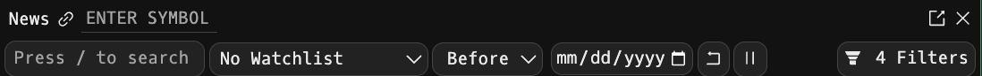 The News window top toolbar: search box, watchlist dropdown, Before date range, clear, pause, and the 4 Filters button