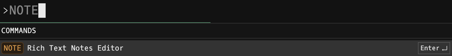 Godel Terminal command bar showing NOTE typed with the COMMANDS autocomplete suggesting 'Rich Text Notes Editor'
