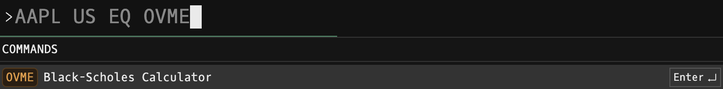Godel Terminal command bar showing AAPL US EQ OVME typed with the COMMANDS autocomplete suggesting 'Black-Scholes Calculator'