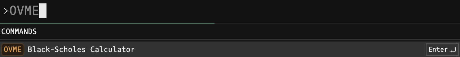 Godel Terminal command bar showing OVME typed with the COMMANDS autocomplete suggesting 'Black-Scholes Calculator'