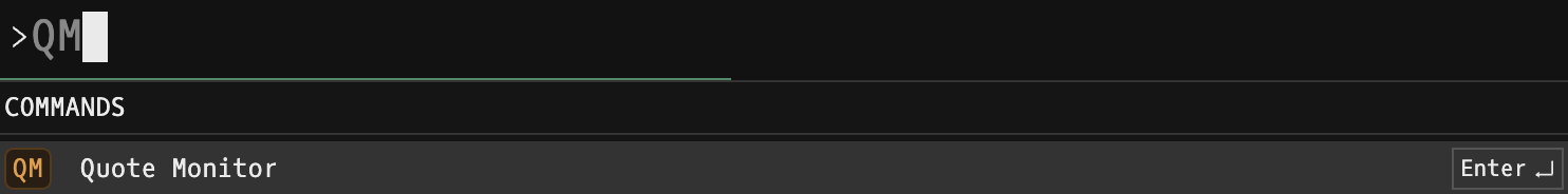 Godel Terminal command bar showing QM typed with the COMMANDS autocomplete suggesting 'Quote Monitor'