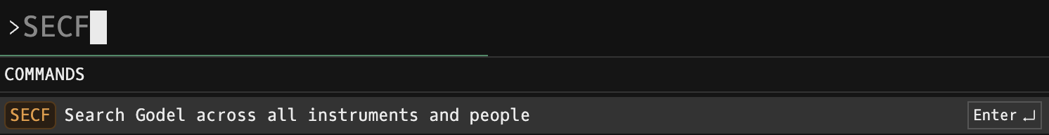 Godel Terminal command bar showing SECF typed with the COMMANDS autocomplete suggesting 'Search Godel across all instruments and people'