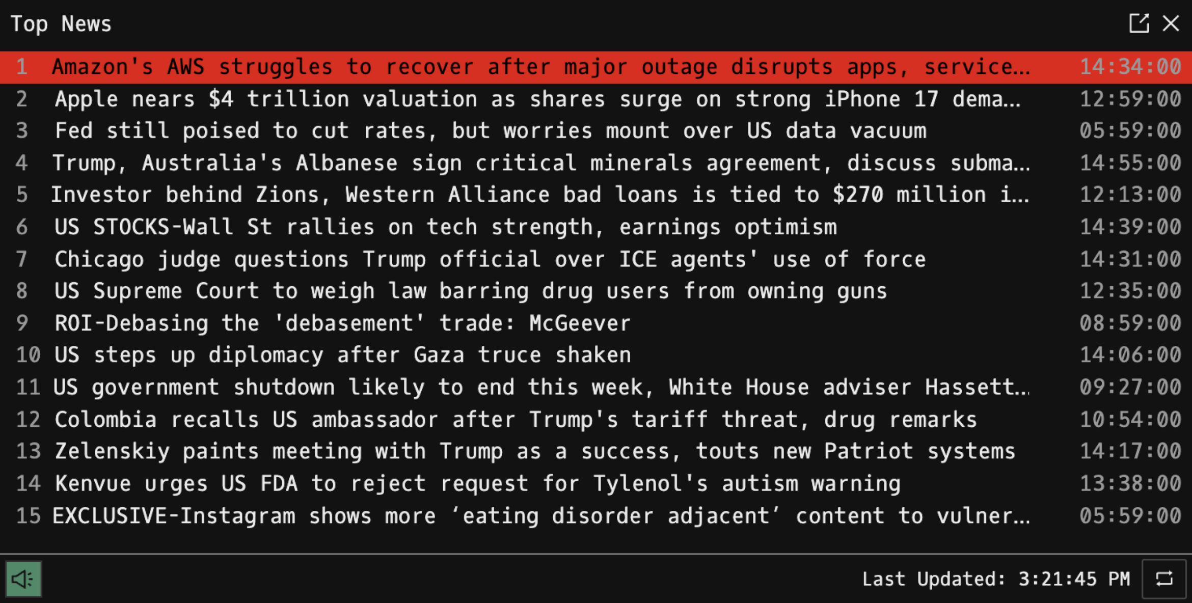 TOP command showing top news headlines from Reuters with timestamps and source bylines