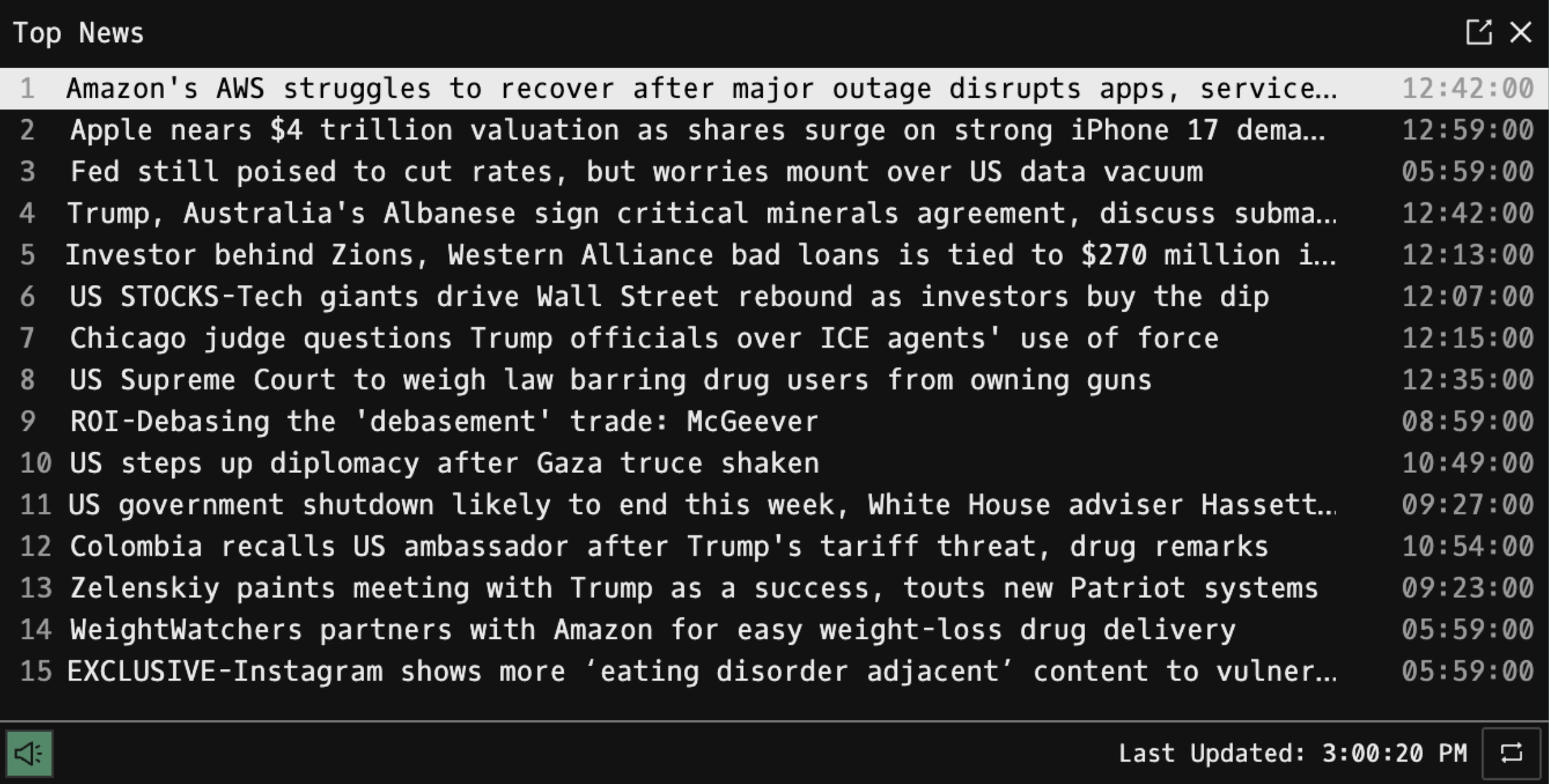 TOP command showing top news headlines from Reuters with timestamps and source bylines