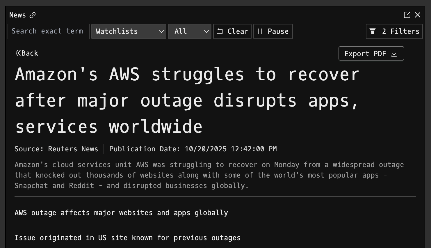 TOP command showing top news headlines from Reuters with timestamps and source bylines