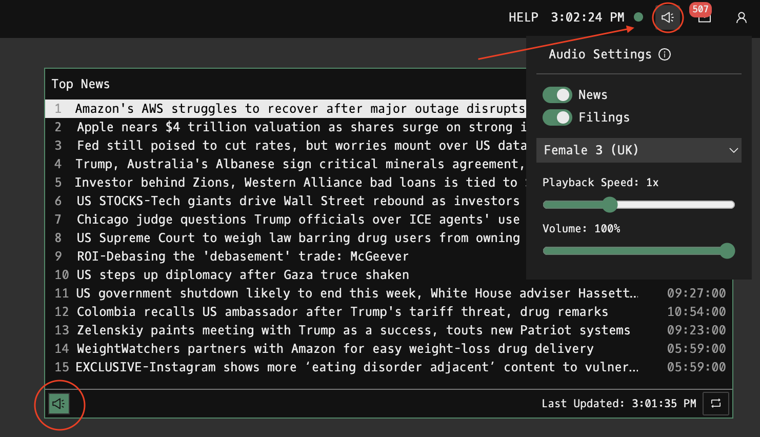 TOP command showing top news headlines from Reuters with timestamps and source bylines