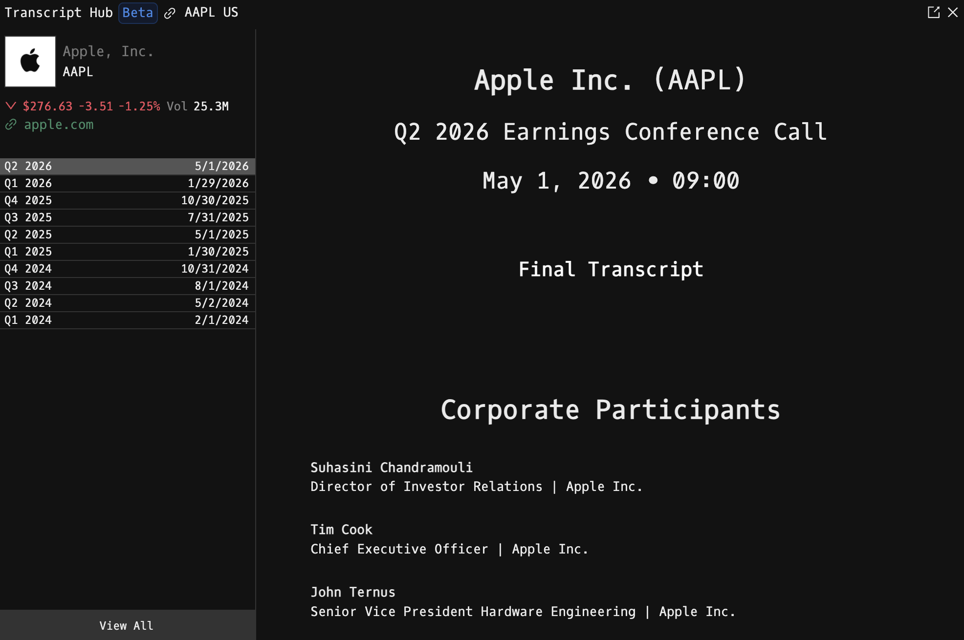 TRAN command showing Apple's Q2 2026 earnings conference call transcript with the transcript index on the left, company header, and the Final Transcript reader pane listing Corporate Participants