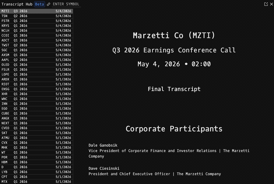 TRAN: earnings call transcript hub with speaker navigation, prepared remarks, and Q&A